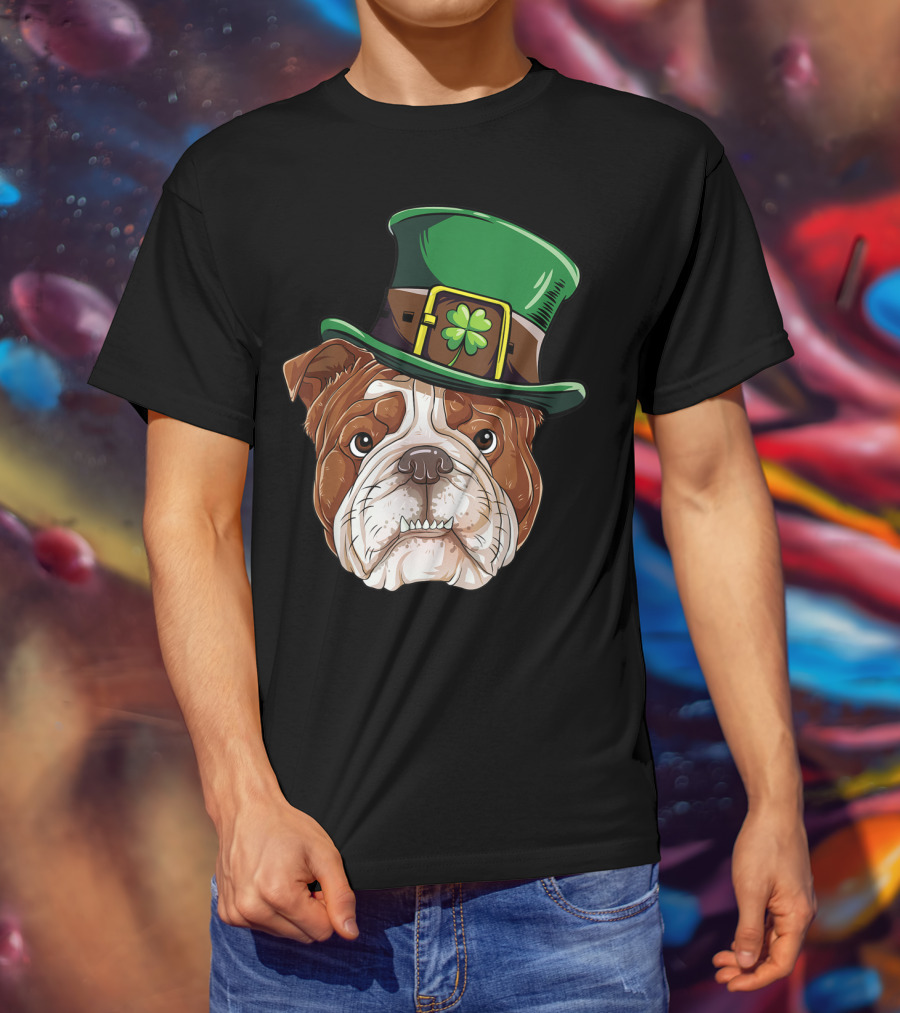 English Bulldog Wearing Leprechaun Hat St Patricks Day Dog T-Shirt