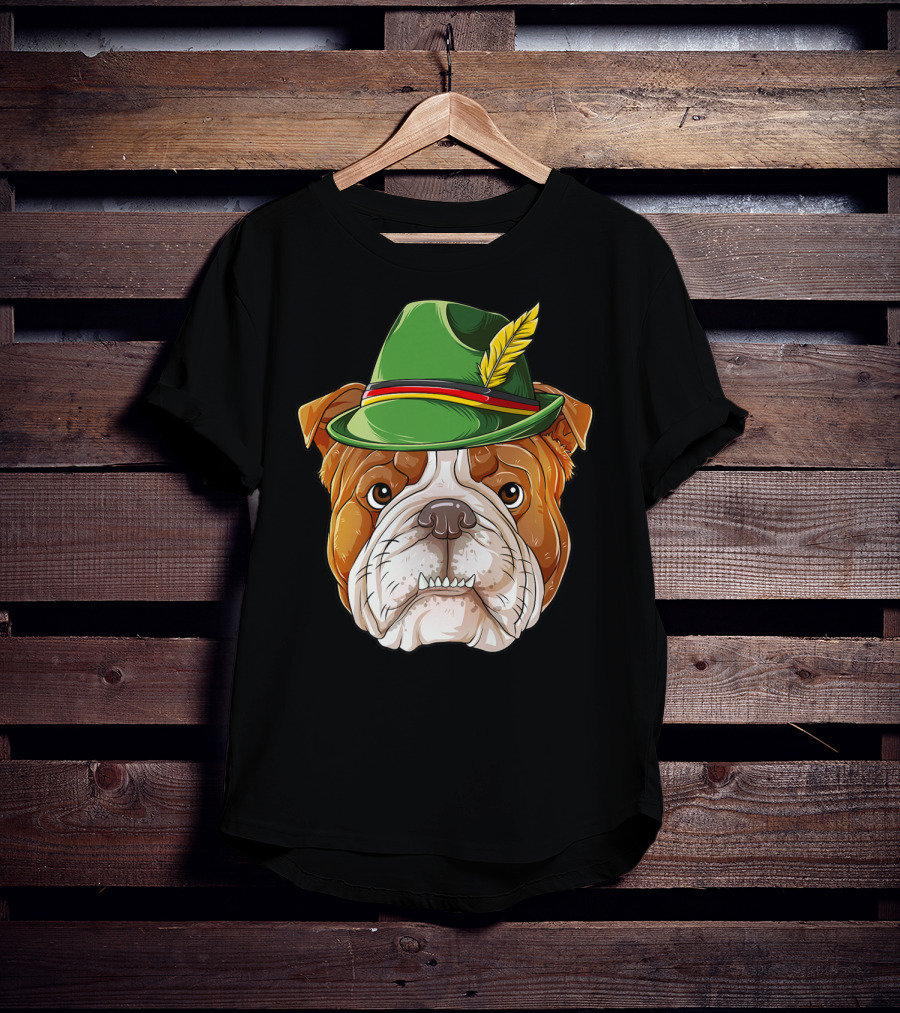 English Bulldog Oktoberfest Boys Lederhosen With Green Hat And Feather T-Shirt