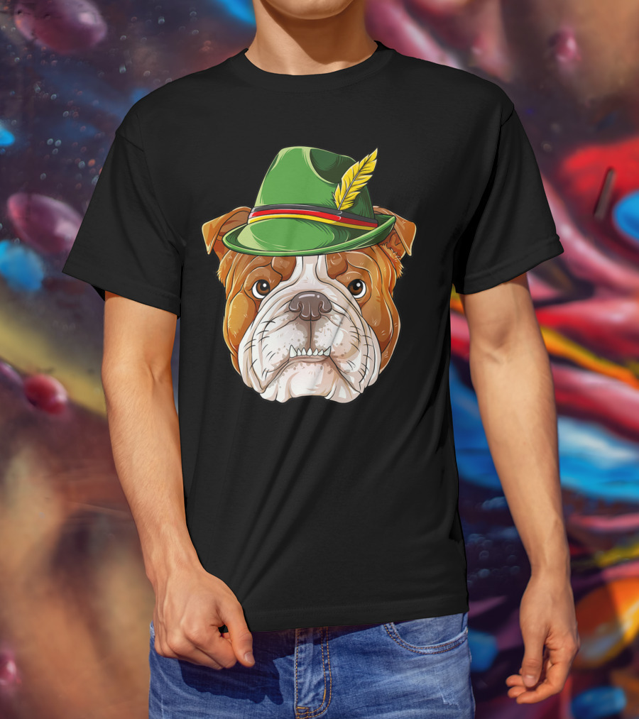 English Bulldog Oktoberfest Boys Lederhosen With Green Hat And Feather T-Shirt