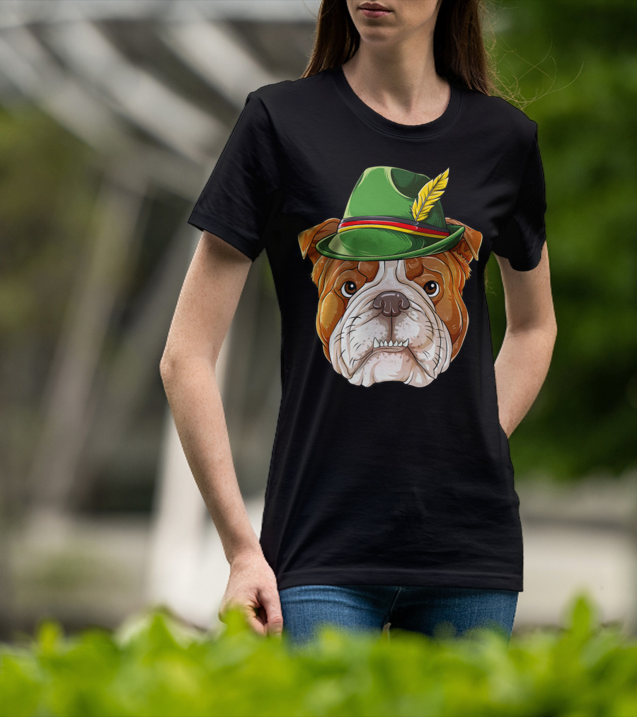 English Bulldog Oktoberfest Boys Lederhosen With Green Hat And Feather T-Shirt