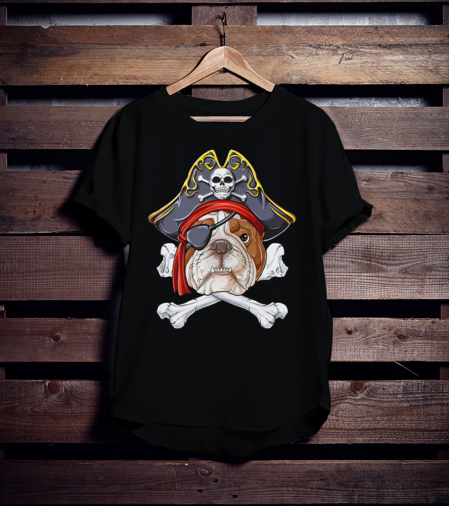 English Bulldog Wearing Pirate Hat With Jolly Roger Crossbones And Eyepatch T-Shirt