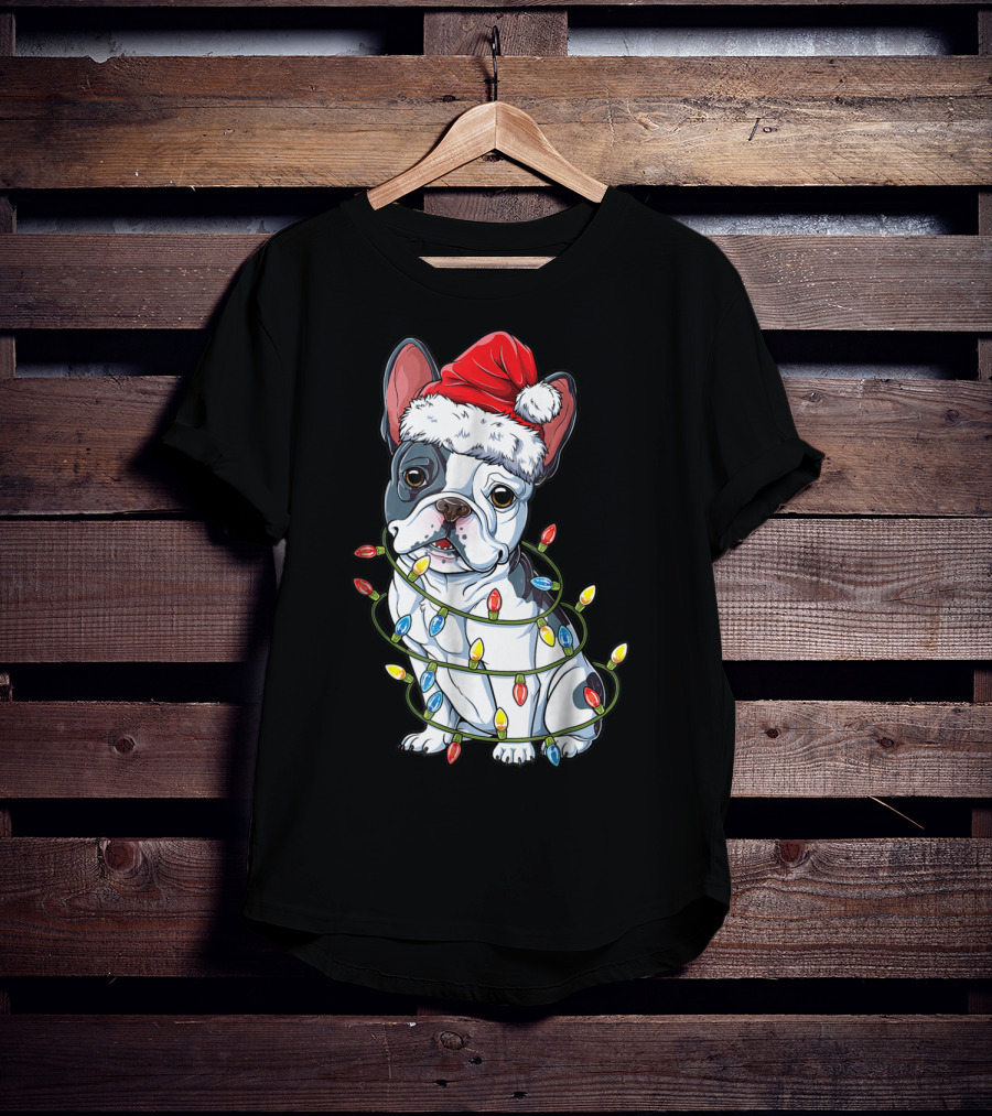 French Bulldog Christmas Santa Hat Wrapped In Xmas Lights T-Shirt