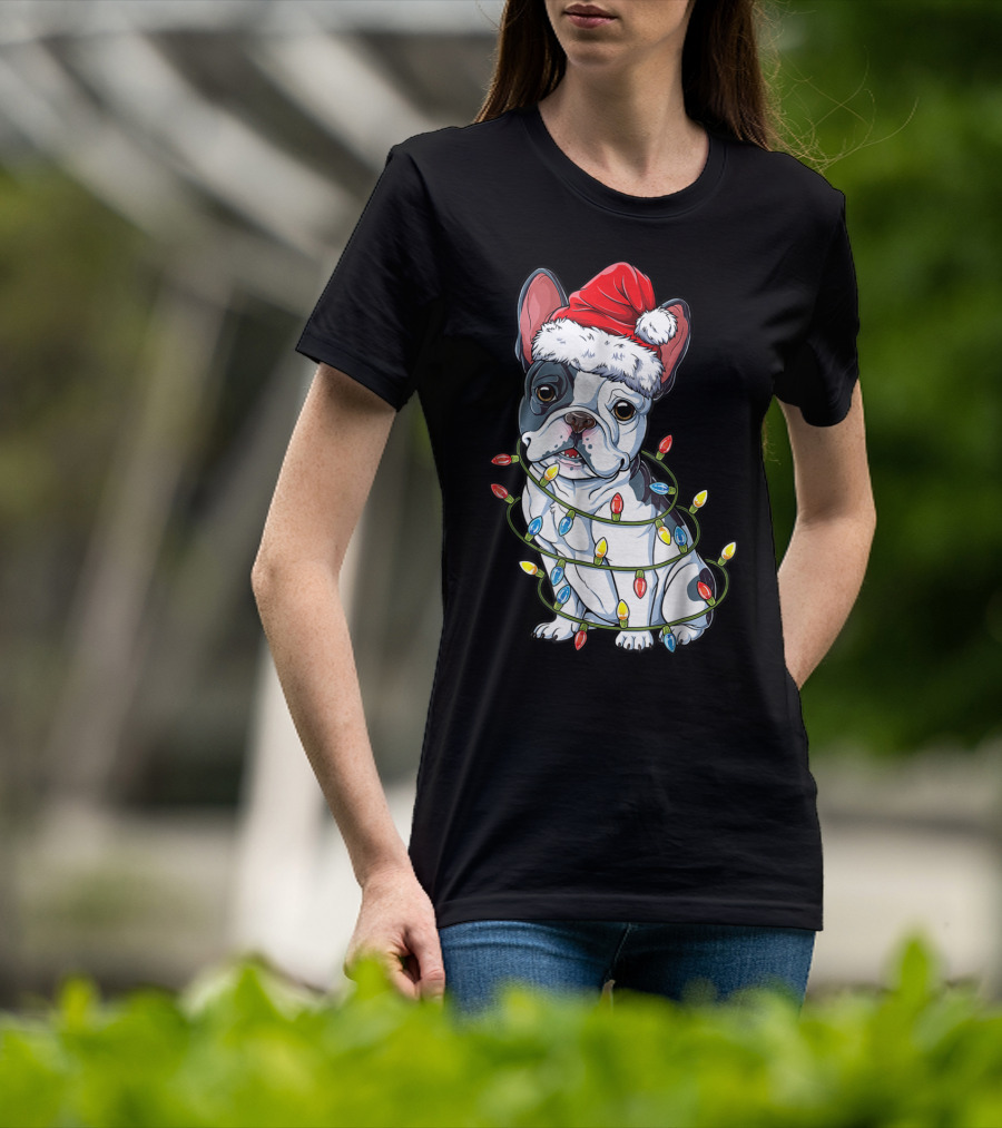 French Bulldog Christmas Santa Hat Wrapped In Xmas Lights T-Shirt