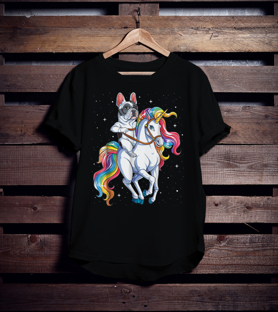 French Bulldog Riding Unicorn In Space Galaxy T-Shirt