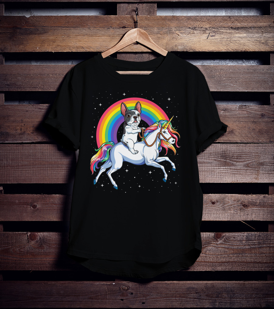 French Bulldog Riding Unicorn Rainbow Space Galaxy T-Shirt