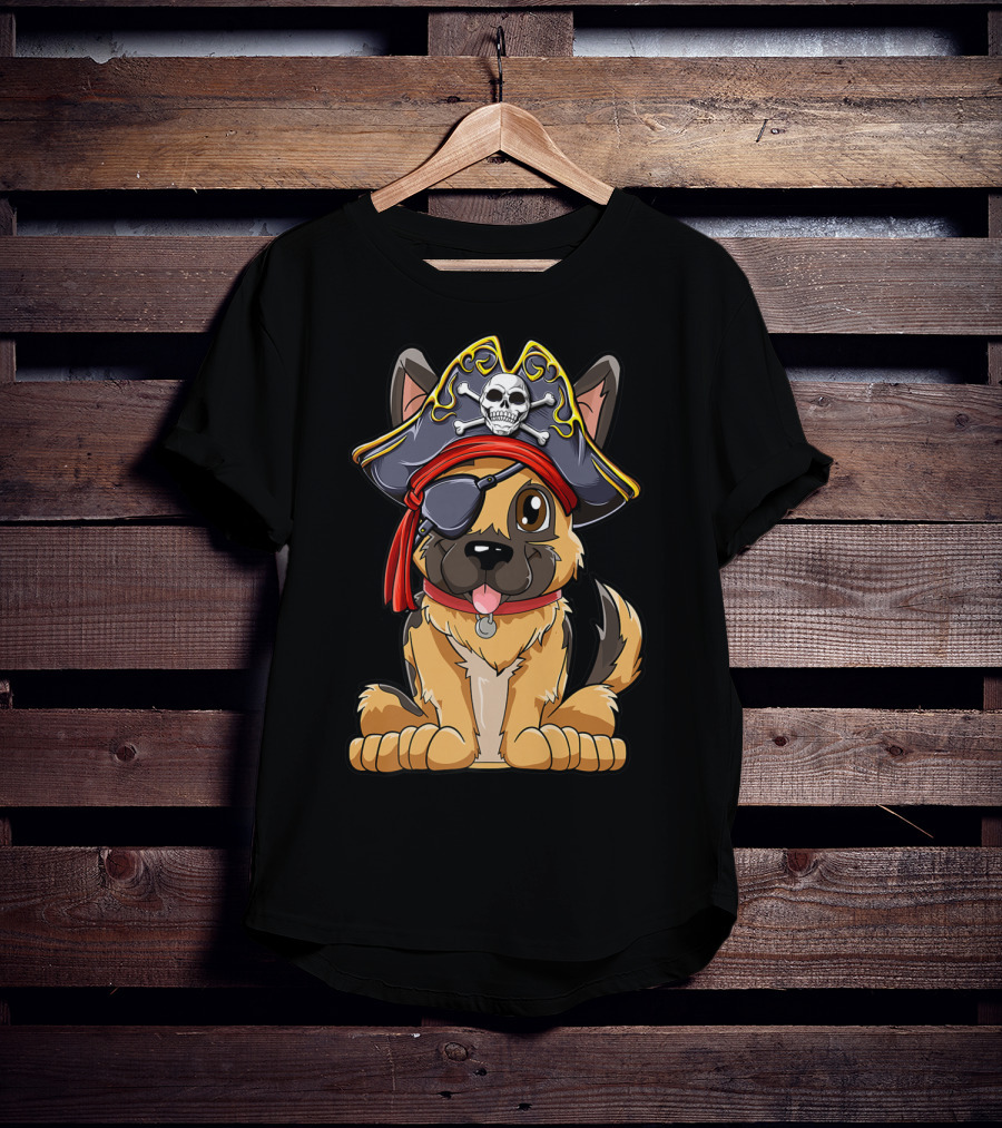 German Shepherd Pirate With Jolly Roger Skull Crossbones And Eyepatch T-Shirt