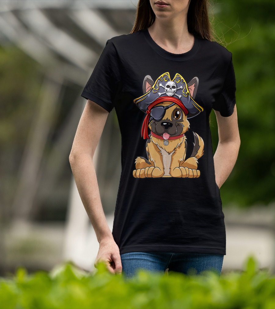 German Shepherd Pirate With Jolly Roger Skull Crossbones And Eyepatch T-Shirt