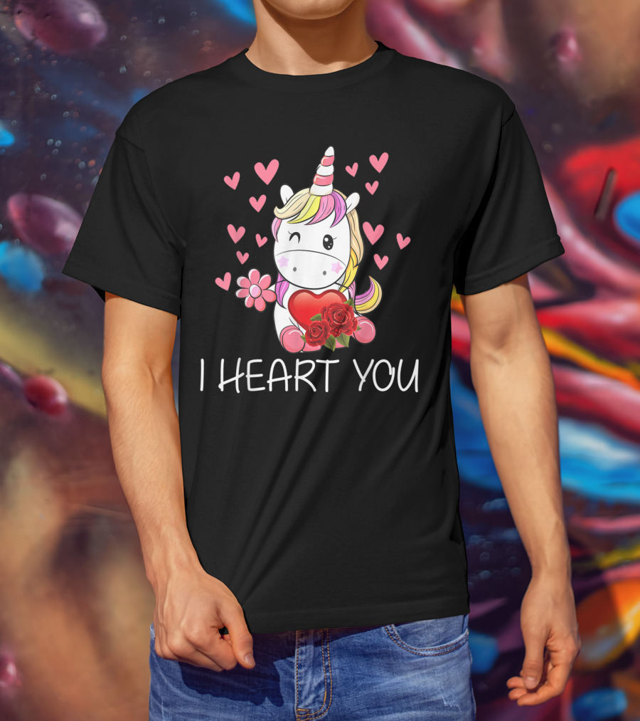 Girls Cute Unicorn I Heart You Roses Hearts T-Shirt