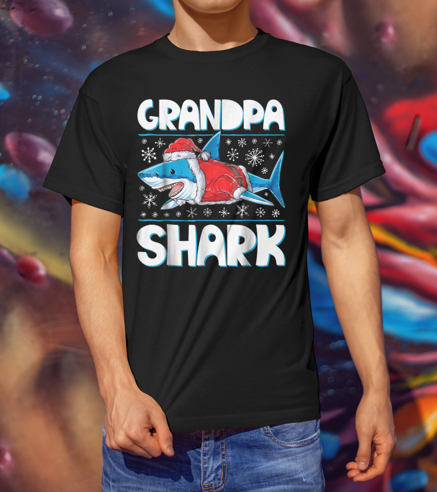 Grandpa Shark Santa With Snowflakes T-Shirt