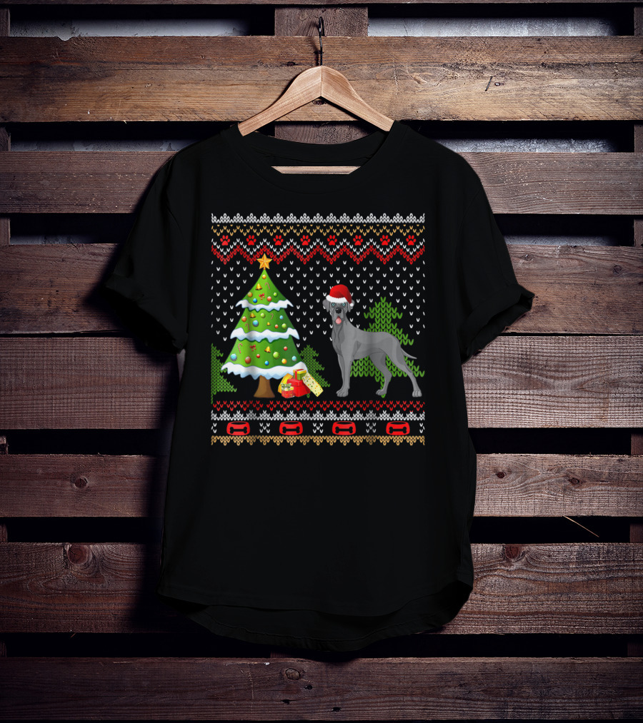 Great Danes Santa Christmas UglyDog Holiday Sweater Tree Present T-Shirt