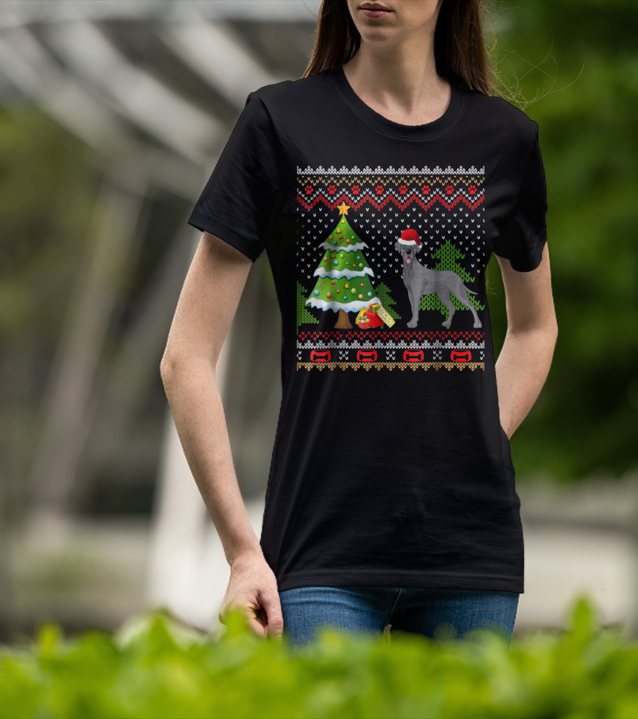 Great Danes Santa Christmas UglyDog Holiday Sweater Tree Present T-Shirt