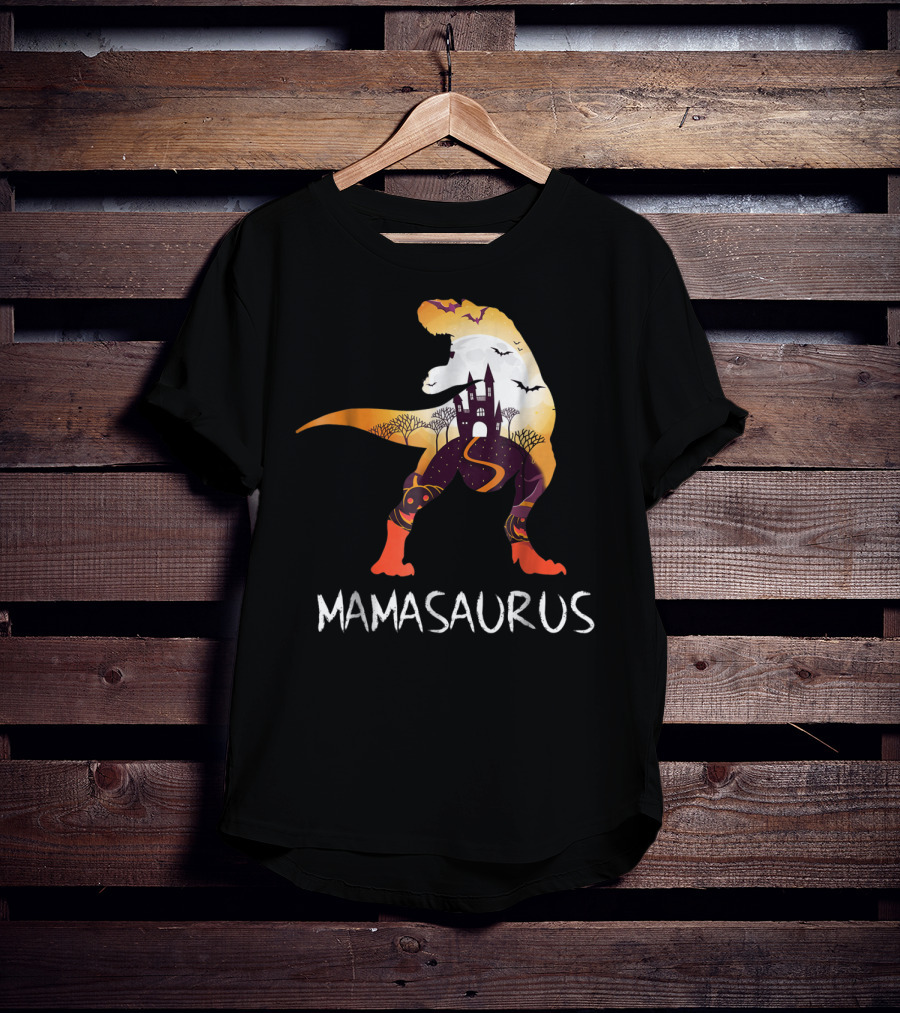 Mamasaurus Halloween Castle Bats T-Rex Scene T-Shirt