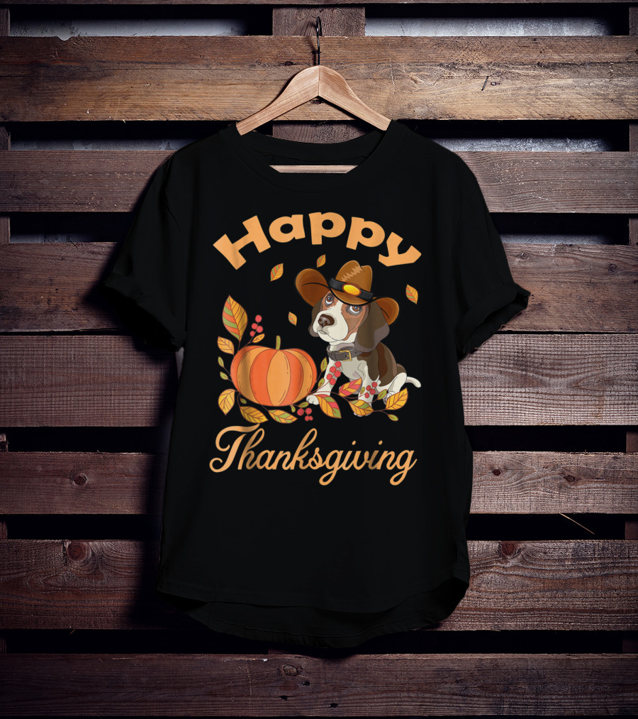 Happy Thanksgiving Beagles Pilgrim Pumpkin And Leaves T-Shirt