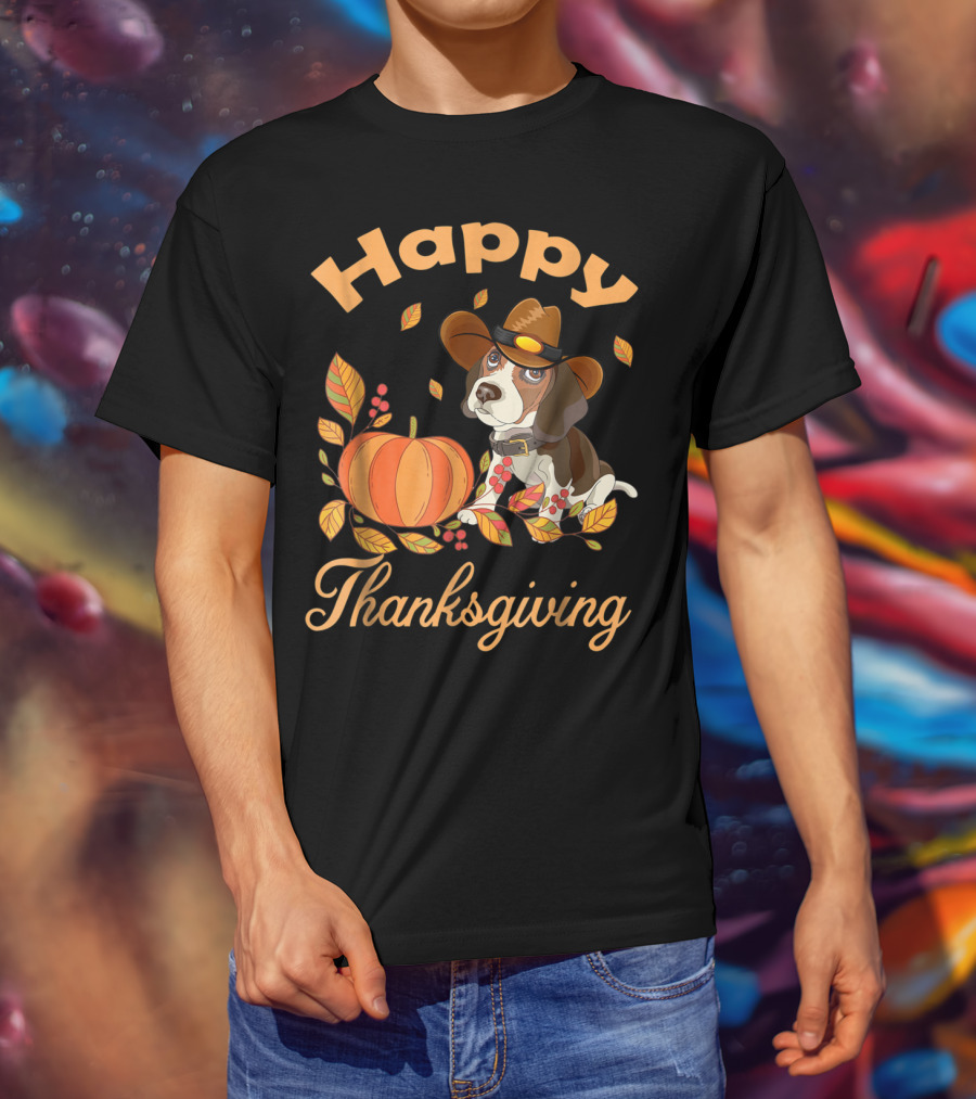Happy Thanksgiving Beagles Pilgrim Pumpkin And Leaves T-Shirt