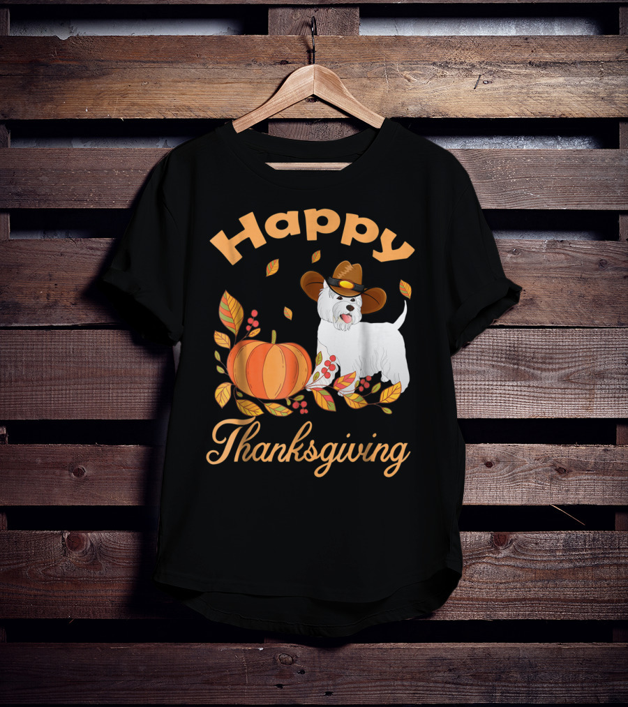 Happy Thanksgiving Westie Pilgrim Dog With Pumpkin And Leaves T-Shirt