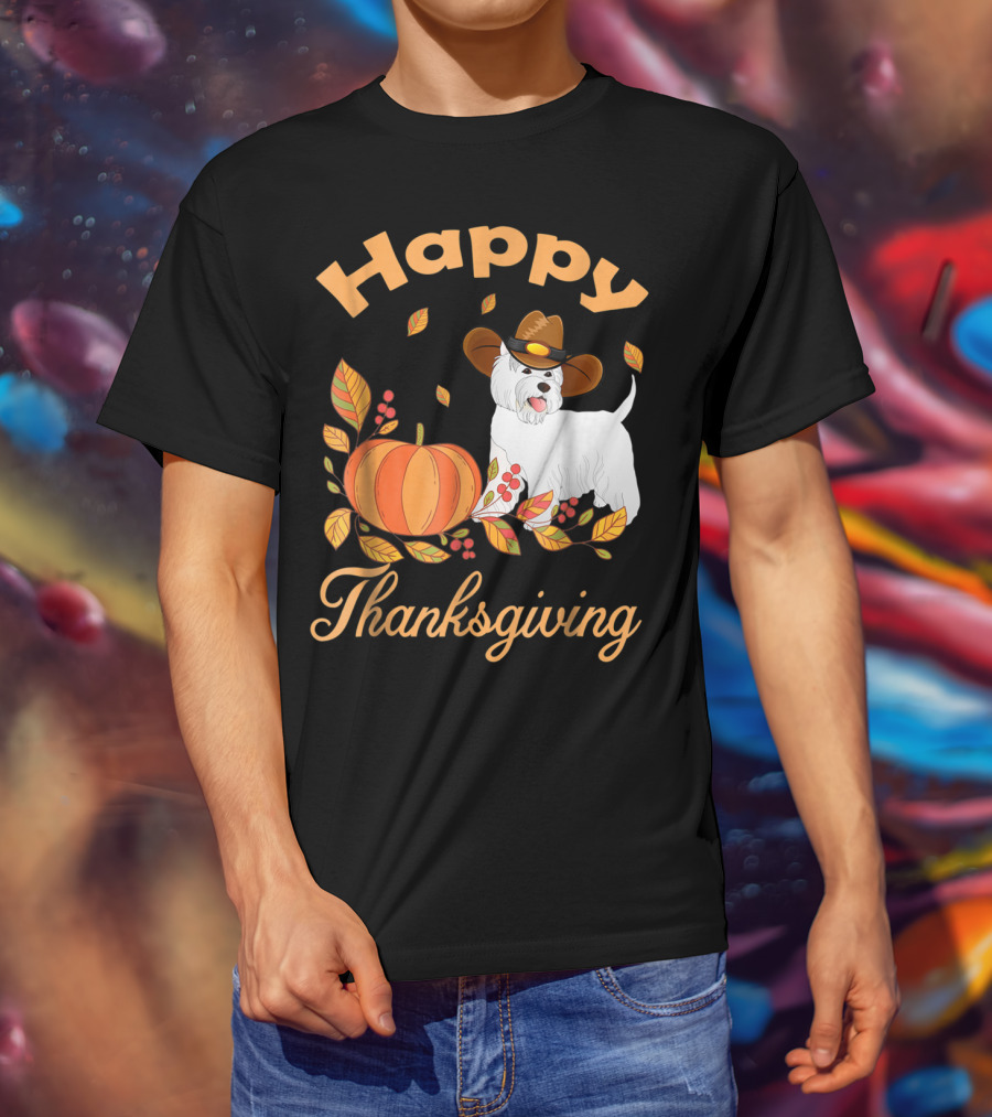 Happy Thanksgiving Westie Pilgrim Dog With Pumpkin And Leaves T-Shirt