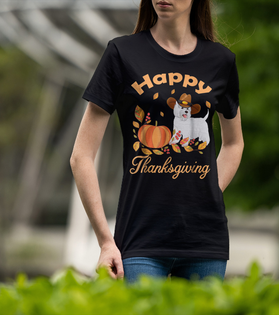 Happy Thanksgiving Westie Pilgrim Dog With Pumpkin And Leaves T-Shirt
