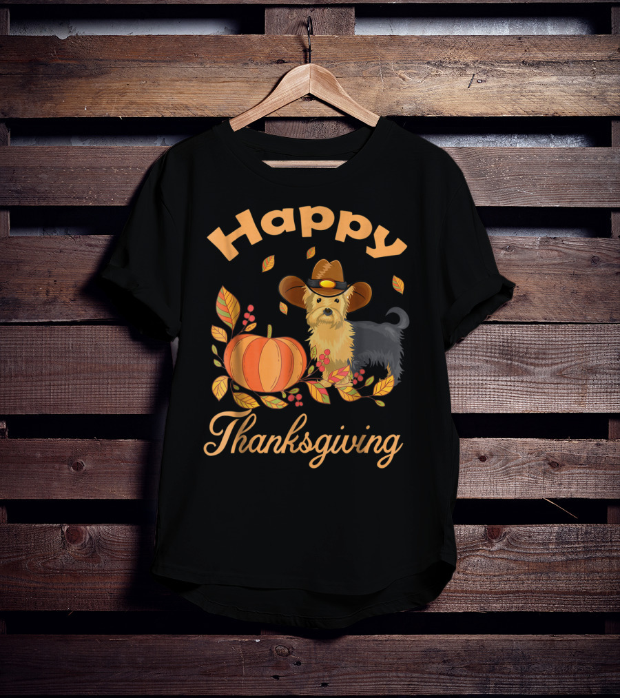 Happy Thanksgiving Yorkie With Pilgrim Hat And Autumn Pumpkin Leaves T-Shirt