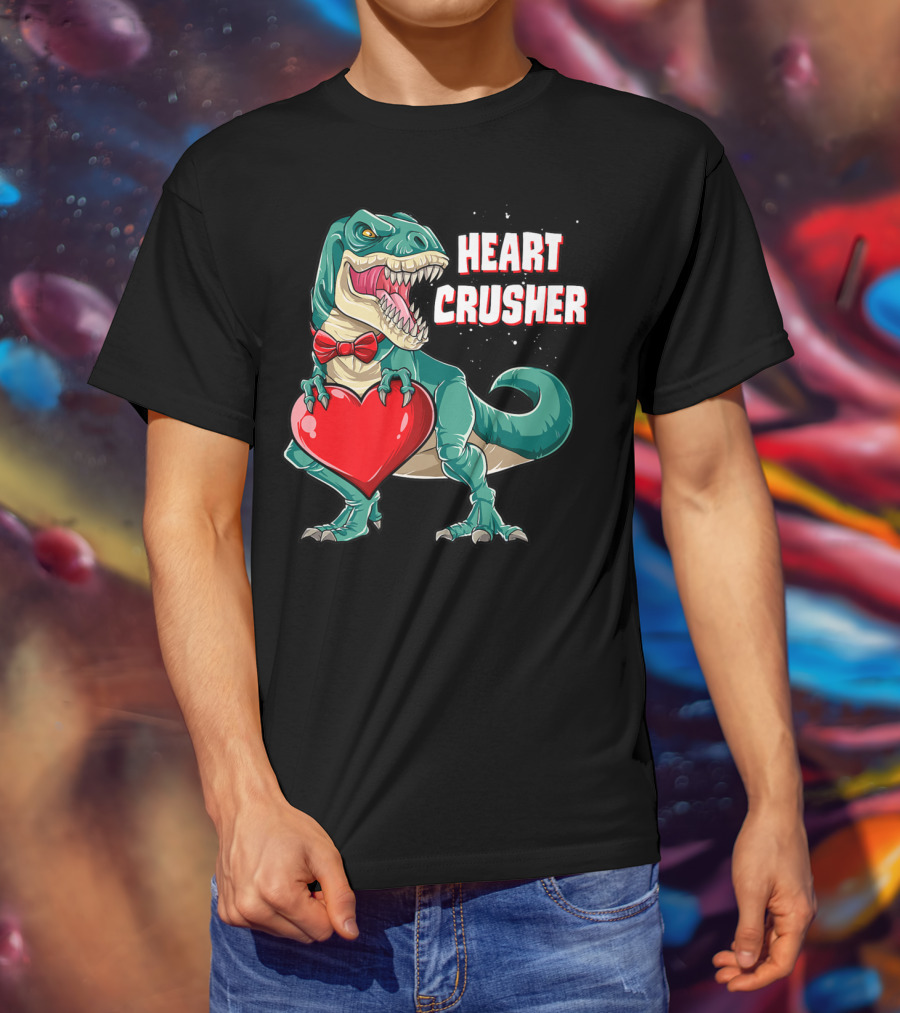 Heart Crusher Valentines Day Dinosaur Rex Bowtie Holding Heart T-Shirt