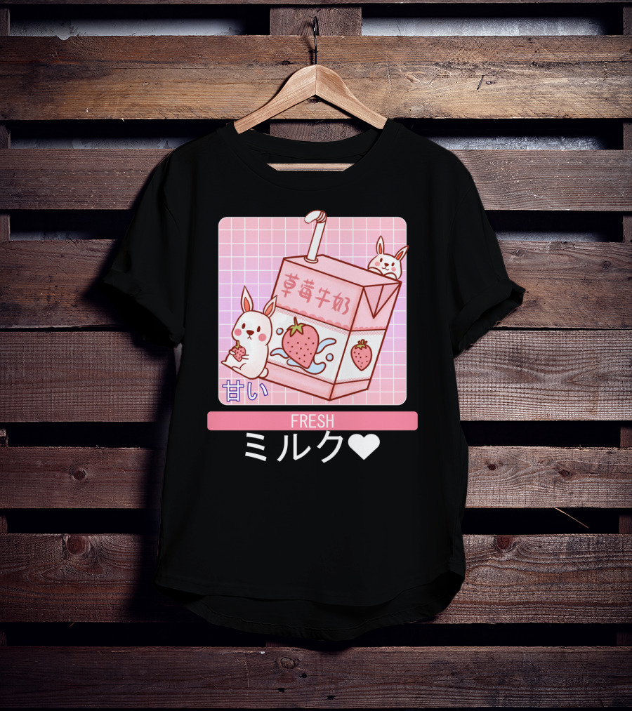 Fresh  Strawberry Milk Carton With Cute Bunny Aesthetic T-Shirt