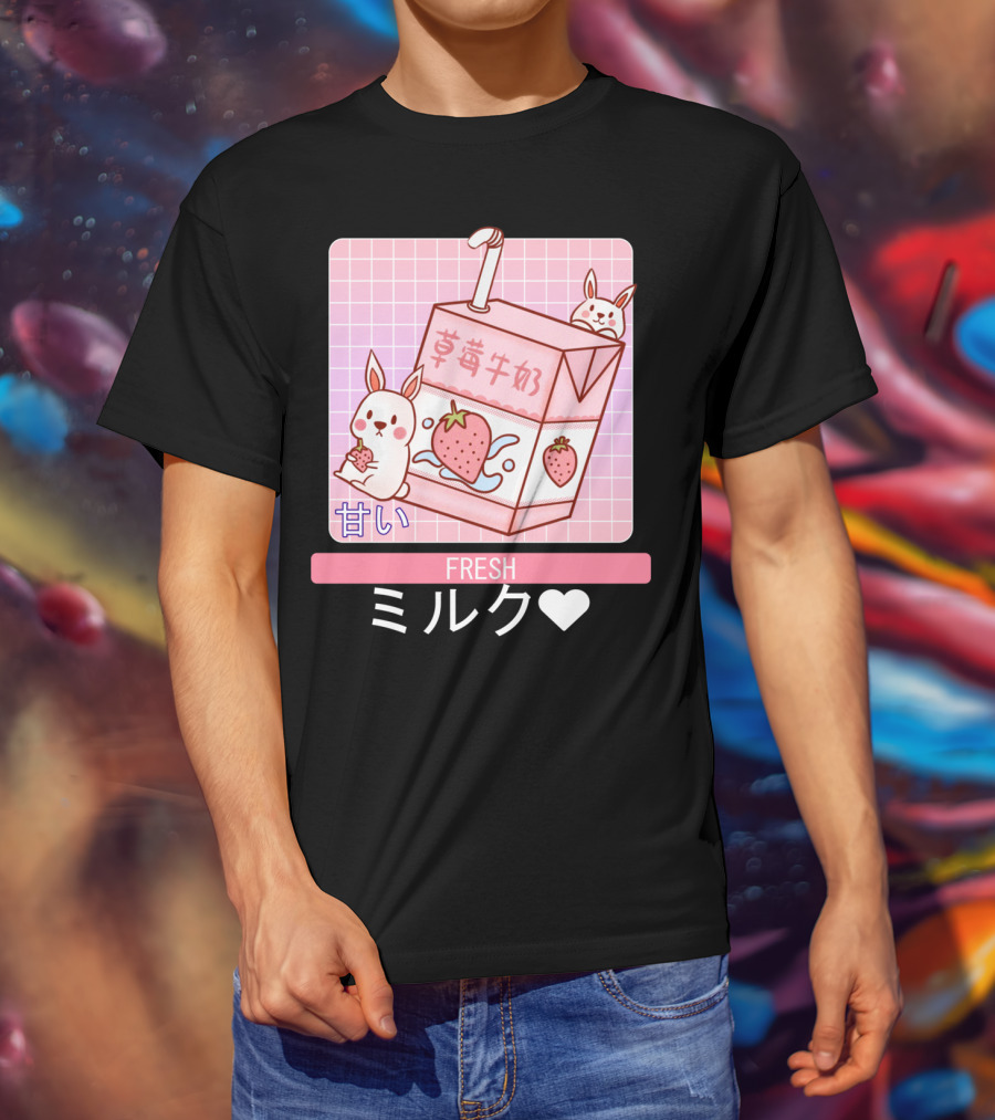 Fresh  Strawberry Milk Carton With Cute Bunny Aesthetic T-Shirt