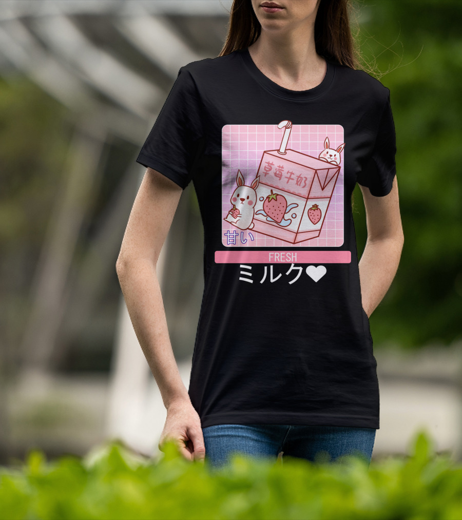 Fresh  Strawberry Milk Carton With Cute Bunny Aesthetic T-Shirt