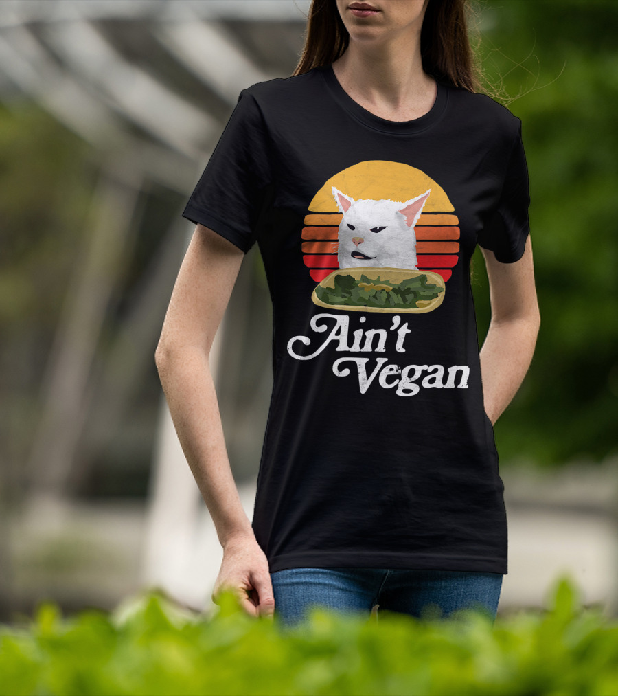 Ain't Vegan Arguing White Cat Retro Sunset T-Shirt