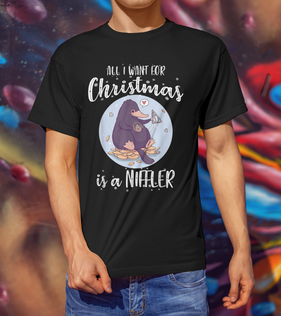 All I Want For Christmas Is A Niffler Snowflakes Coins Jewel Heart Balloon T-Shirt