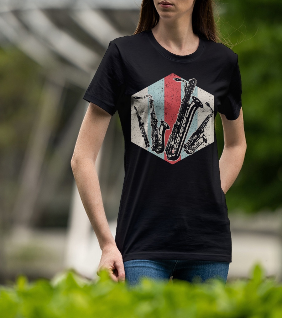 Alto Tenor Soprano Baritone Saxophone Sax Retro Hexagon T-Shirt