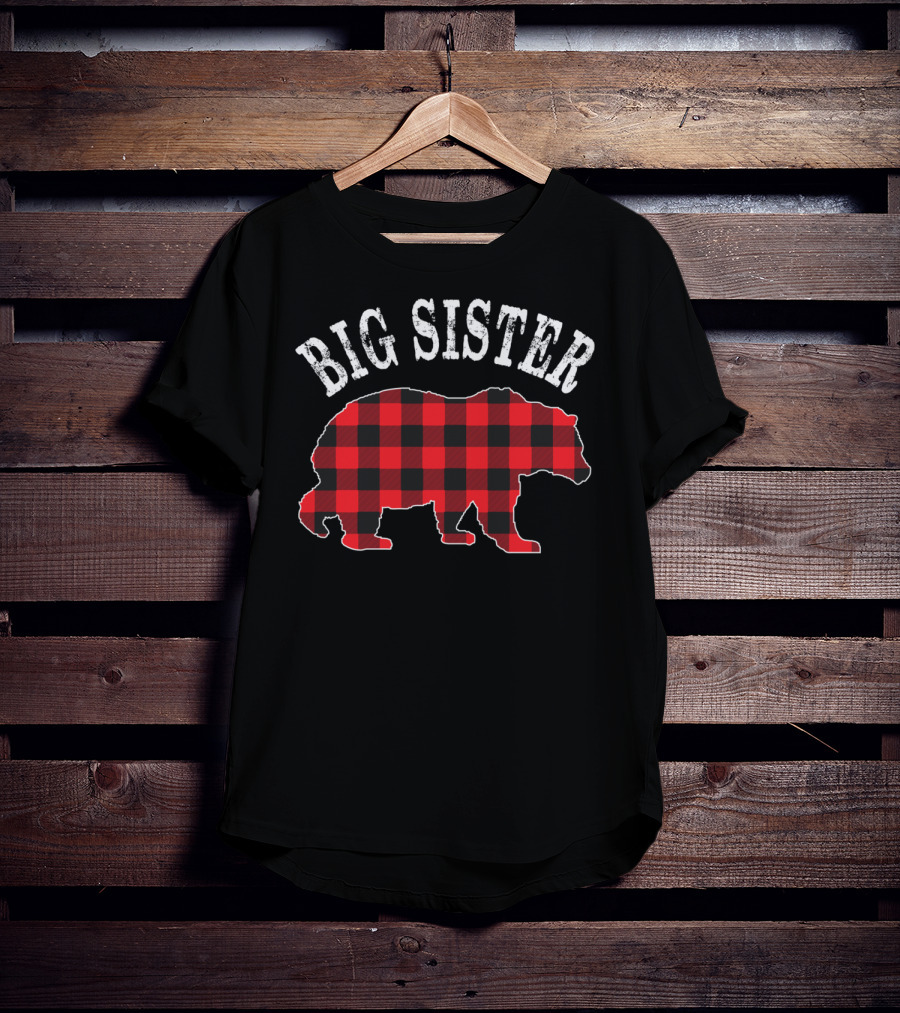 Big Sister Bear Red Black Buffalo Plaid T-Shirt