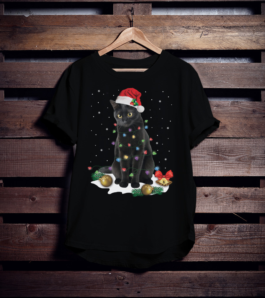 Black Cat Santa Christmas Lights Funny Cat Dad Festive Holiday T-Shirt