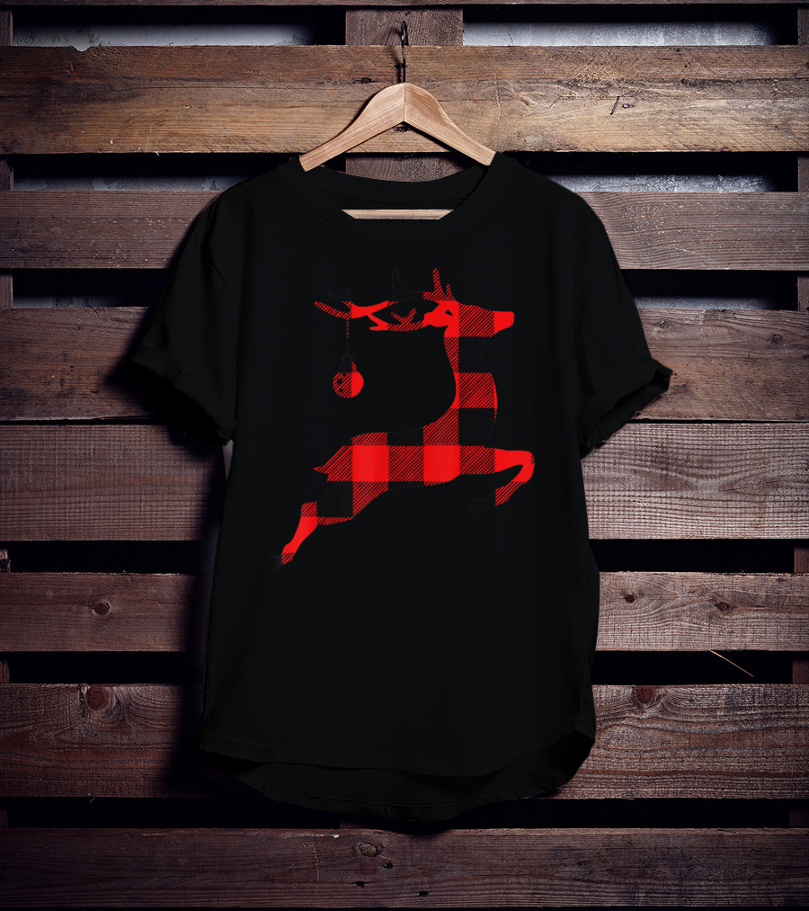 Festive Black And Red Plaid Reindeer Silhouette T-Shirt