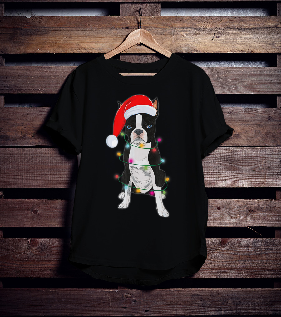 Boston Terrier Wrapped In Christmas Lights With Santa Hat T-Shirt