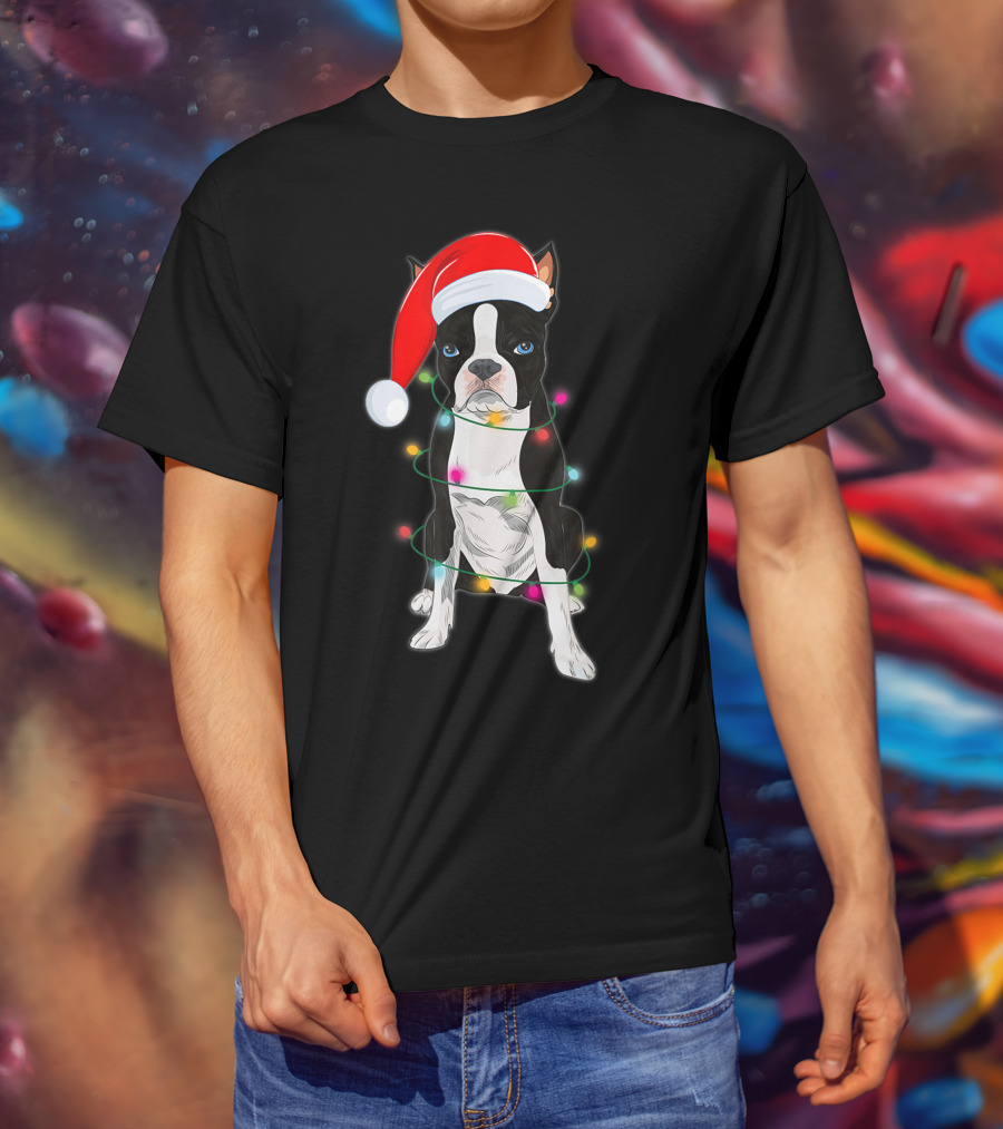 Boston Terrier Wrapped In Christmas Lights With Santa Hat T-Shirt