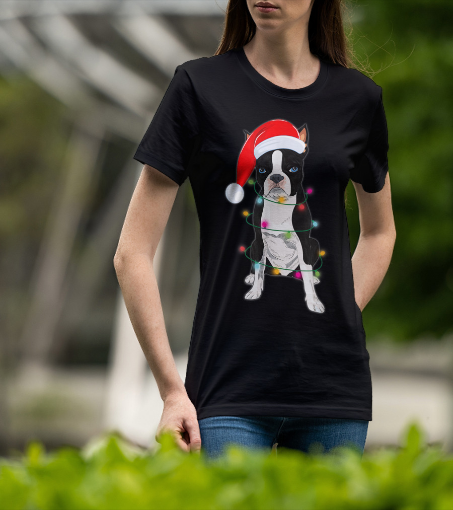 Boston Terrier Wrapped In Christmas Lights With Santa Hat T-Shirt