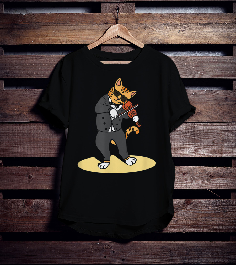 Cat Playing Violin Orchestra Kitten In Tuxedo With Sunglasses T-Shirt