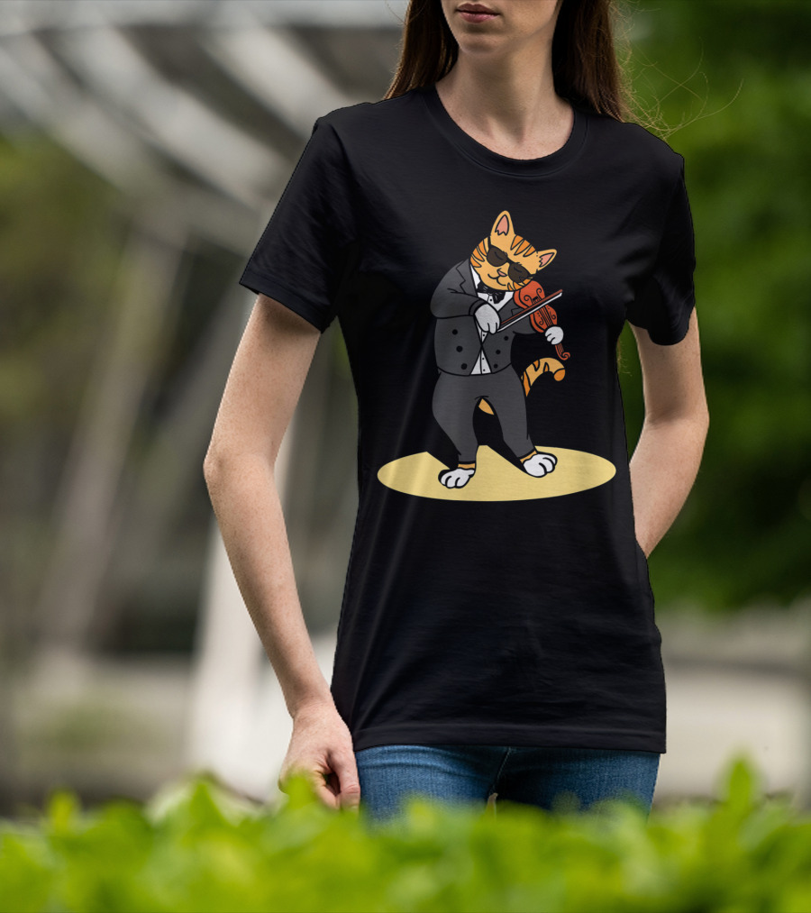Cat Playing Violin Orchestra Kitten In Tuxedo With Sunglasses T-Shirt