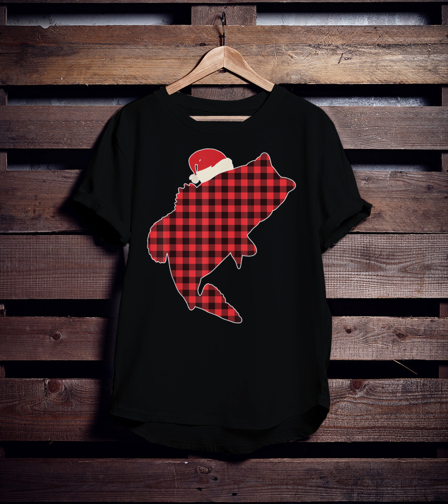 Christmas Fish Santa Hat Red Plaid Buffalo T-Shirt