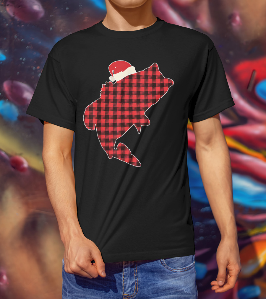 Christmas Fish Santa Hat Red Plaid Buffalo T-Shirt