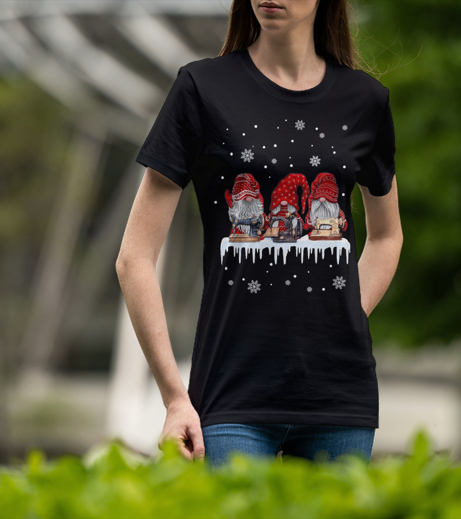 Christmas Gnomes Red Sewing Machine Snowflakes Winter Scene T-Shirt