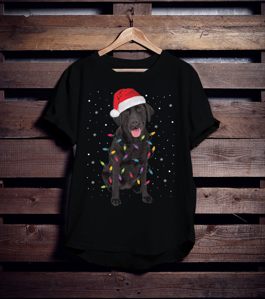 Christmas Black Labrador Retriever With Santa Hat And Holiday Lights T-Shirt