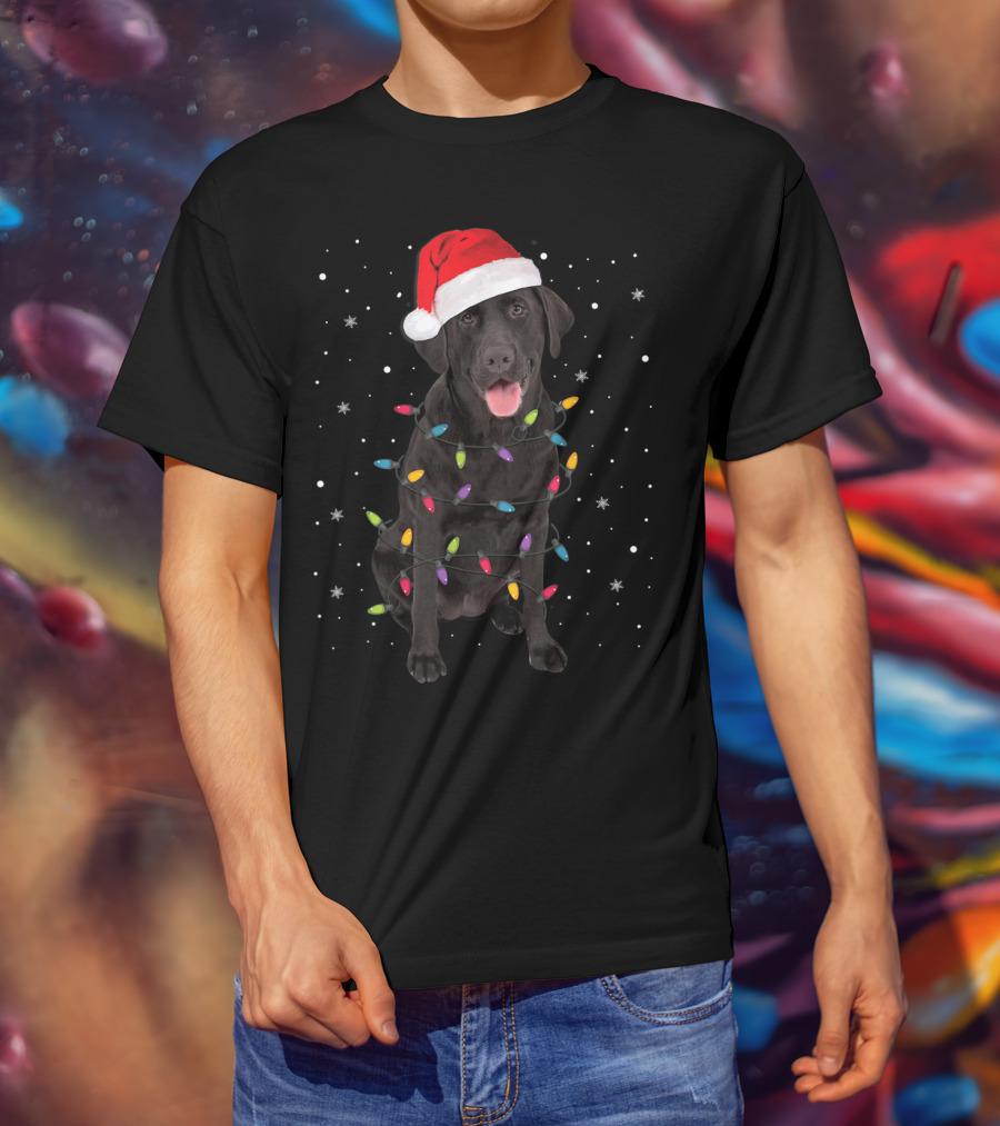 Christmas Black Labrador Retriever With Santa Hat And Holiday Lights T-Shirt