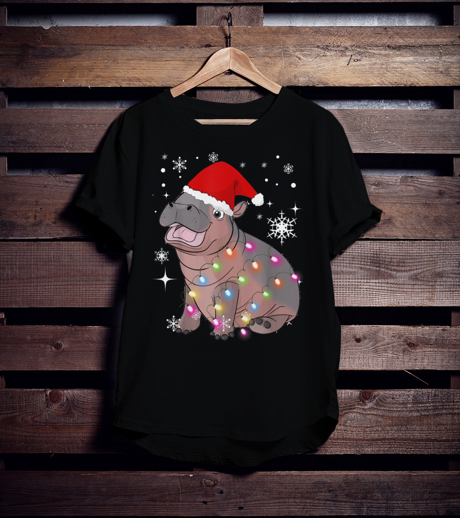 Christmas Lights Baby Hippo Fiona Santa Hat T-Shirt