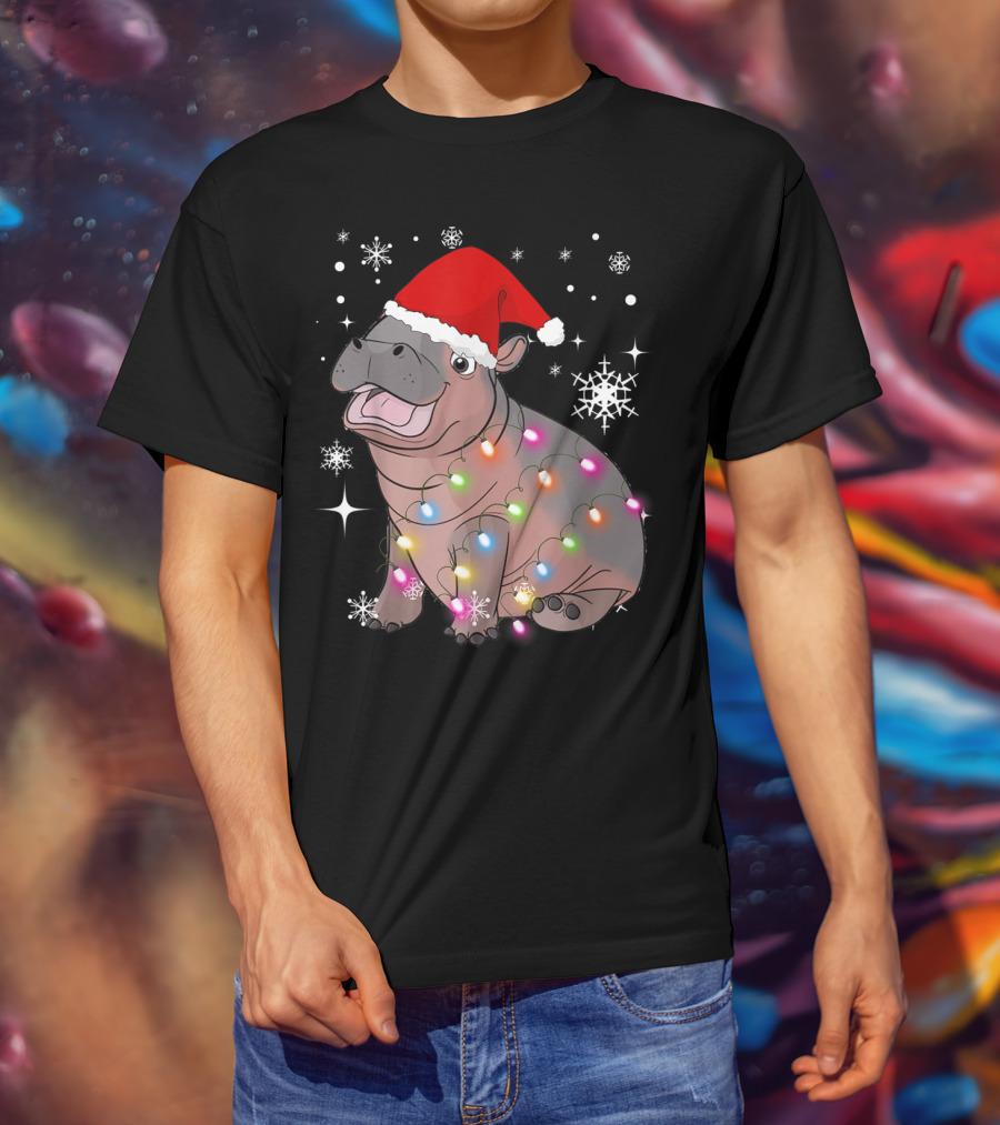 Christmas Lights Baby Hippo Fiona Santa Hat T-Shirt