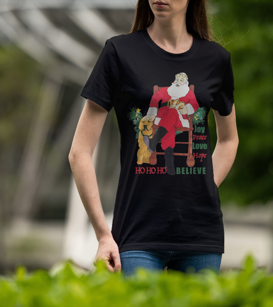Christmas Santa With Dog And Cat Joy Peace Love Hope Believe Ho Ho Ho T-Shirt