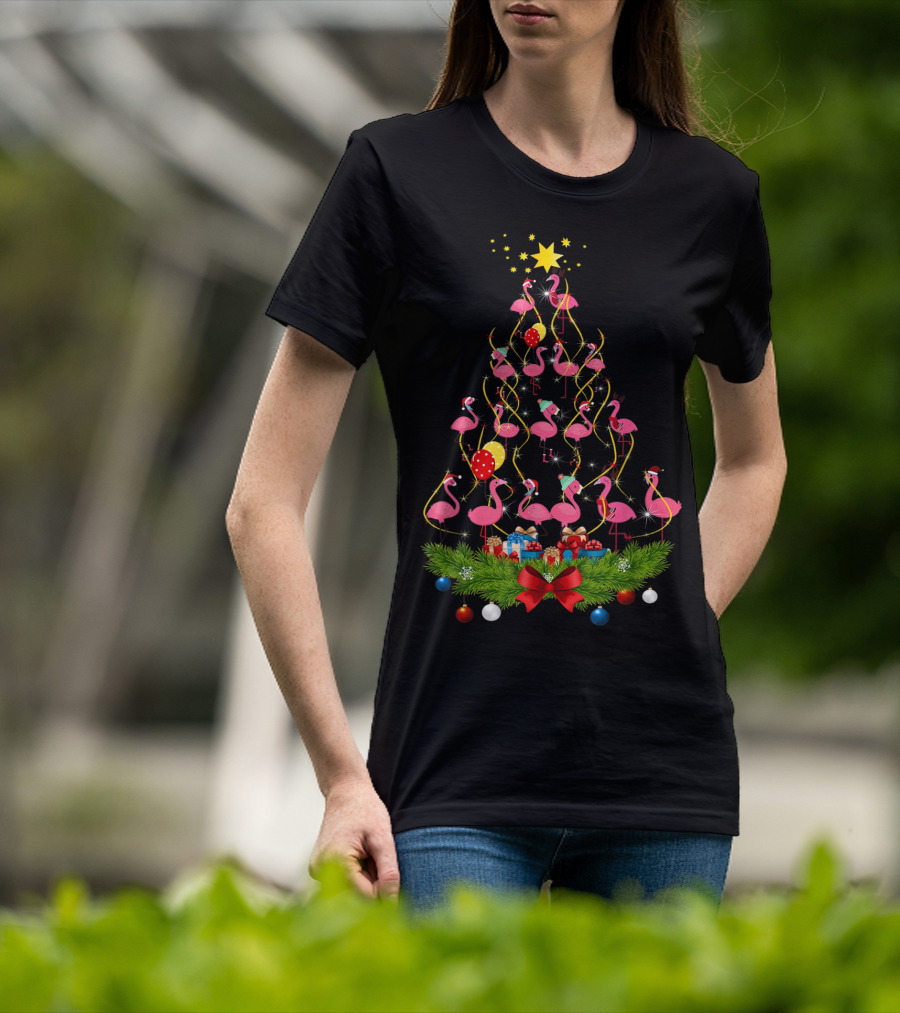 Pink Flamingo Christmas Tree With Santa Hats And Festive Decorations T-Shirt