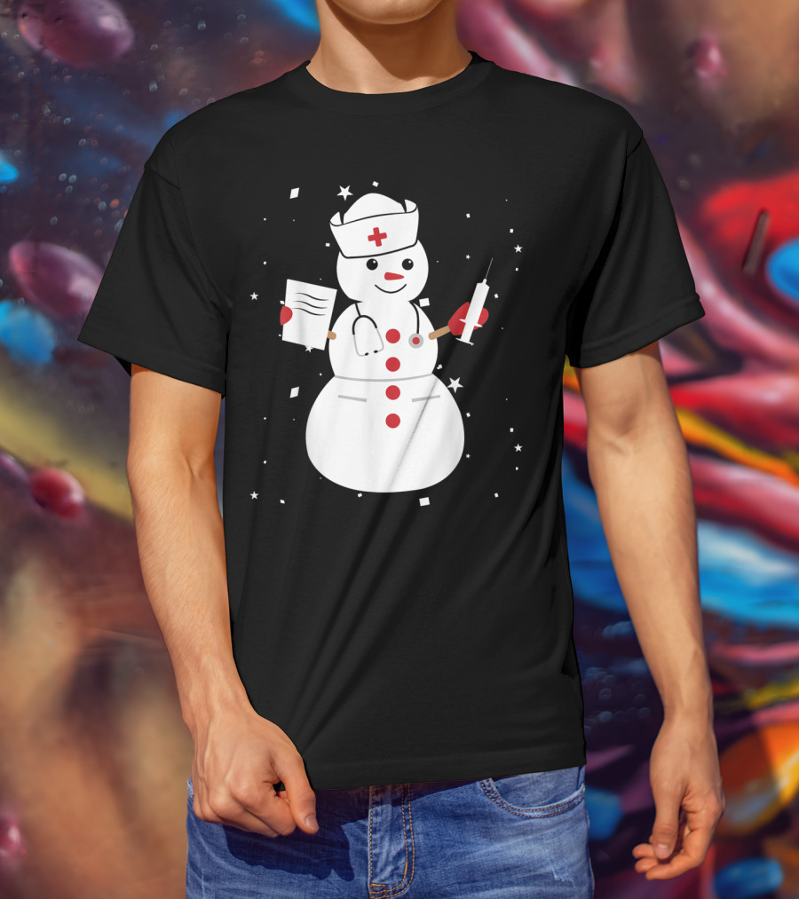 Nurse Snowman Holding Syringe And Clipboard For Cute Christmas Winter T-Shirt