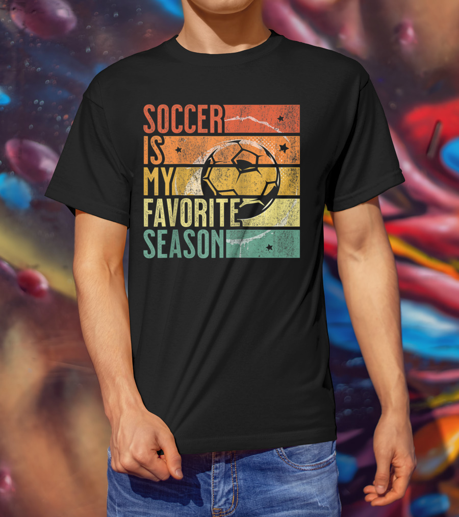 Soccer Is My Favorite Season Vintage Distressed Stripes Football Ball Retro T-Shirt