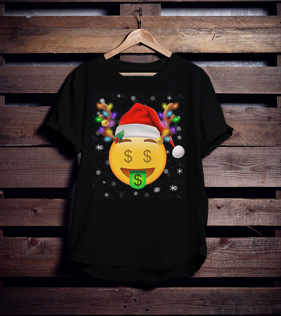 Santa Hat Reindeer Antlers Emoji Money Face T-Shirt