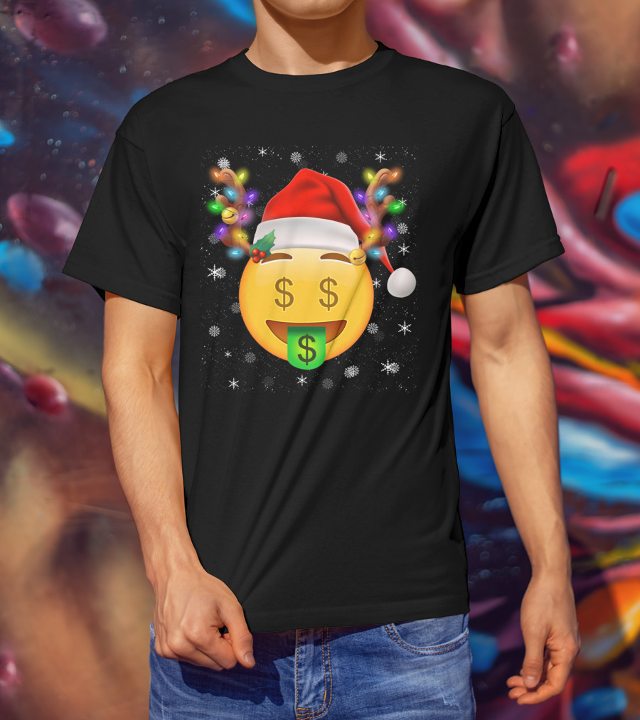 Santa Hat Reindeer Antlers Emoji Money Face T-Shirt
